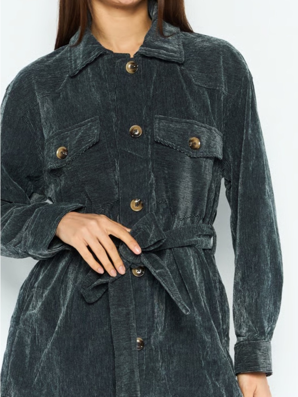 Women’s En Saison Charcoal Corduroy Button-Front Jacket with Belt S